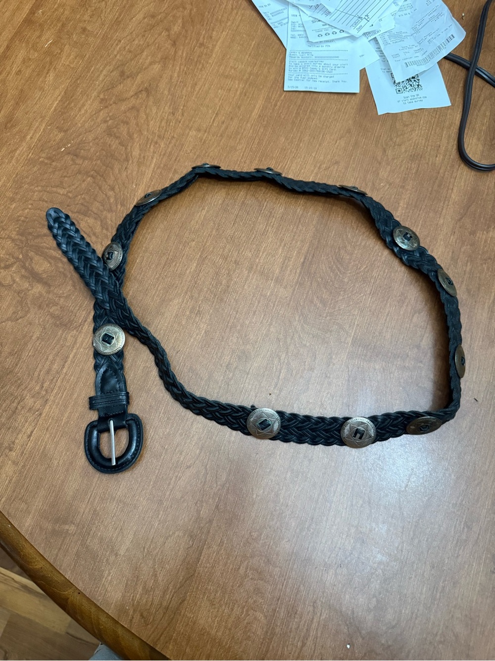 Braided Black Leather Belt with Decorative Metal Accents 47" made in Guatemala.